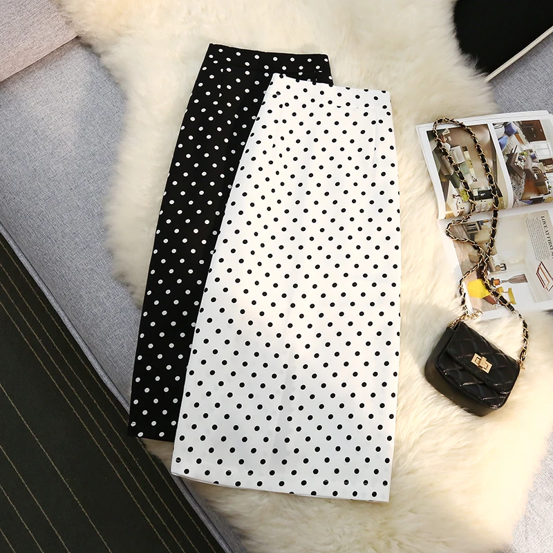 后开叉波点半身裙2024春夏新款高腰显瘦过膝中长款修身中长裙子