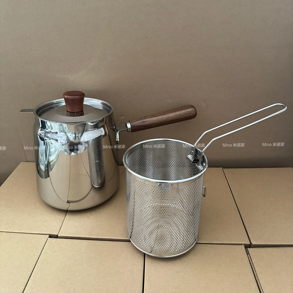 米诺家304不锈钢油炸锅家庭用加高加深油炸锅带滤网胡桃木小炸锅