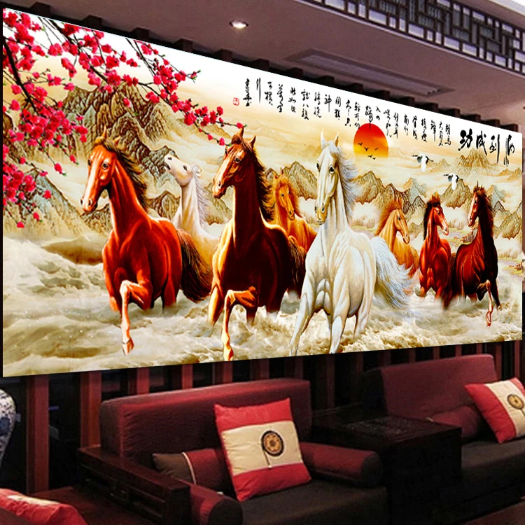 八骏图十字绣2023新款线绣客厅八马图马到成功梅花自己绣手工满绣