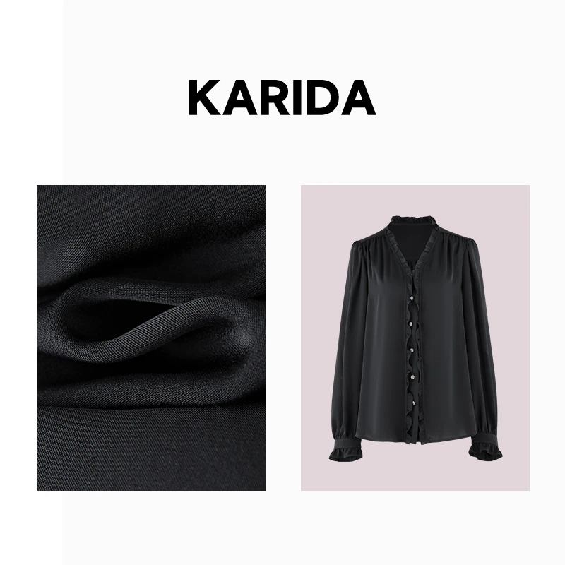 珂芮达Karida【莫奈的画】V领荷叶边长袖桑蚕丝衬衣