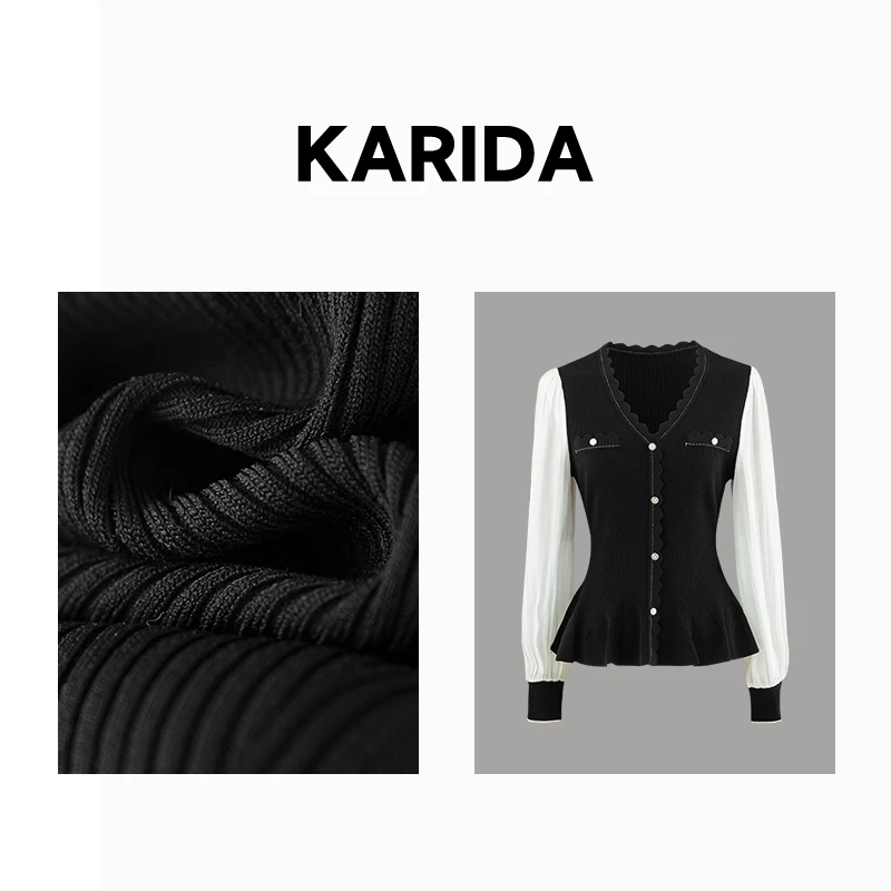 【短视频】karida【法韵佳人】法式V领花瓣领撞色灯笼袖针织衫