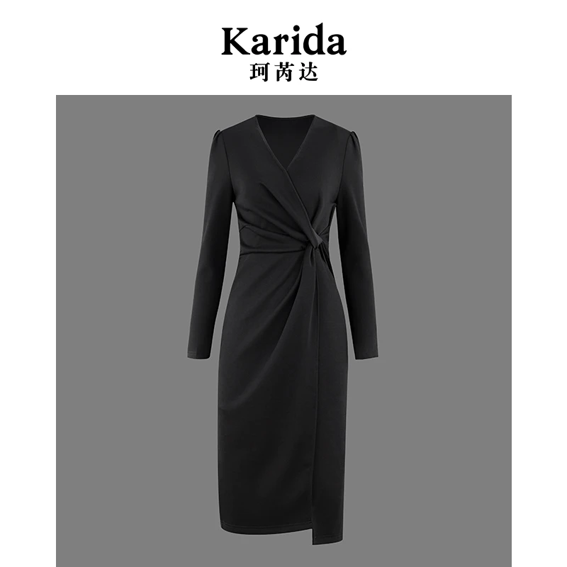 珂芮达Karida【西西里传说】经典气质时尚收腰黑色开叉长袖连衣裙