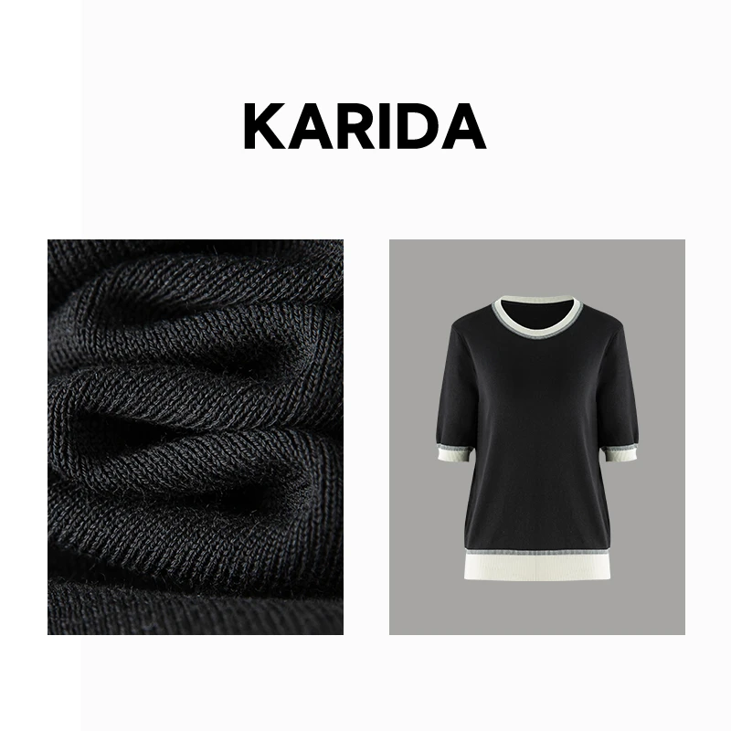 Karida珂芮达【香派南法】线条装饰撞色圆领短袖三醋酸针织衫
