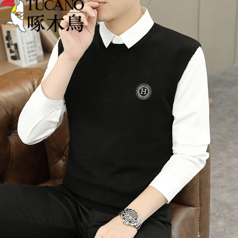 啄木鸟2024秋季新款男士休闲刺绣假两件针织衫中青年衬衫领打底衫