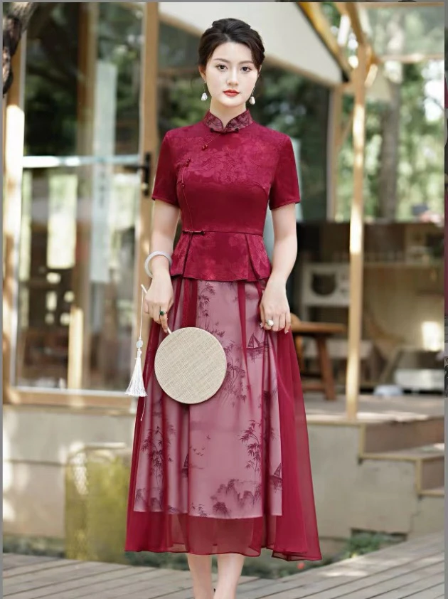 2023夏款新款礼服旗袍婚宴年轻初夏款凉快礼服气质改良旗袍（纱群）