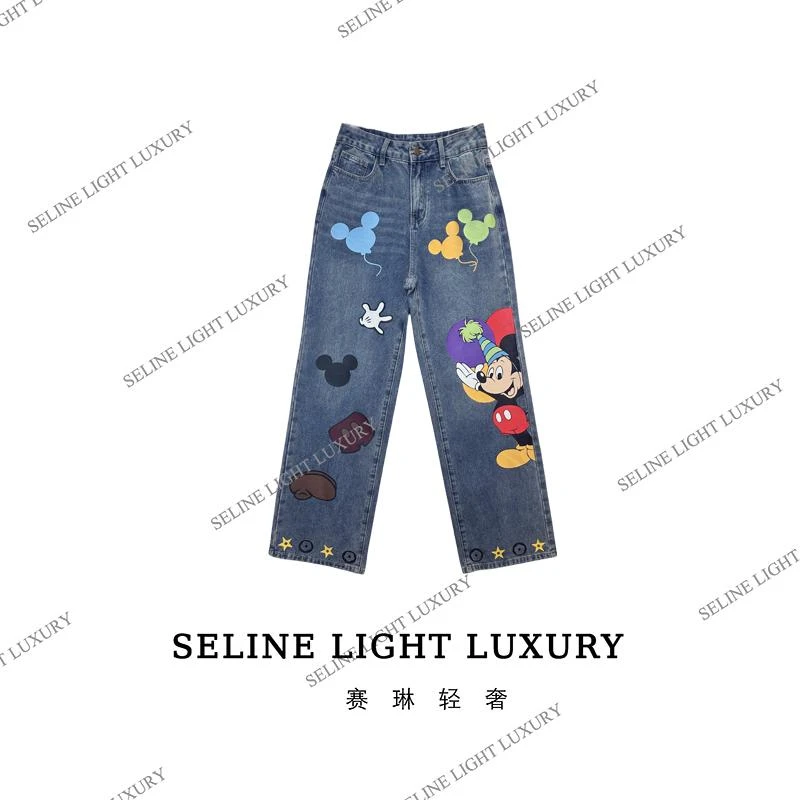 【24XQ-043】2024 SELINE 设计轻奢重工卡通印花牛仔裤阔腿裤高级感