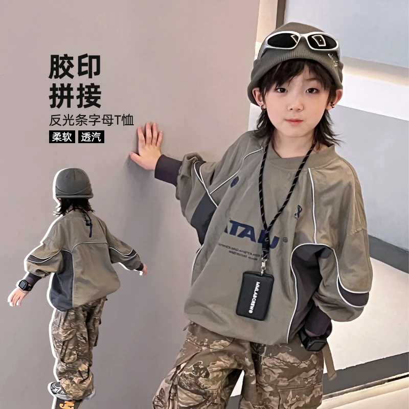 返潮复古男童春秋风反光条中大童休闲宽松山系T恤柔软 4089675O3