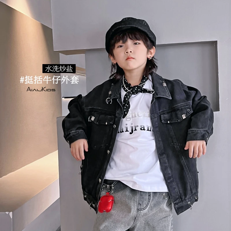 AIAIJKIDS流浪丹宁风复古酷夹克做旧上衣外套秋季中大童 240831O0