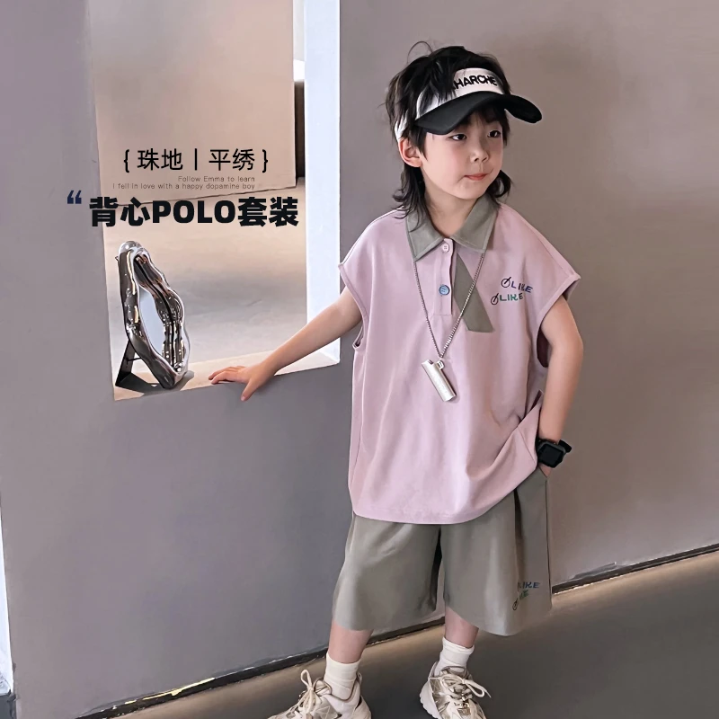 套装儿童韩版童装拼接撞色POLO衫T恤短裤两件套学院风潮4069823O6