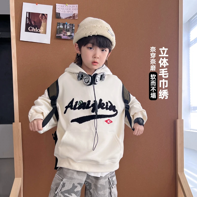 韩版刺绣卫衣连帽春秋款2024男童宽松长袖初秋中大童  4089673O9