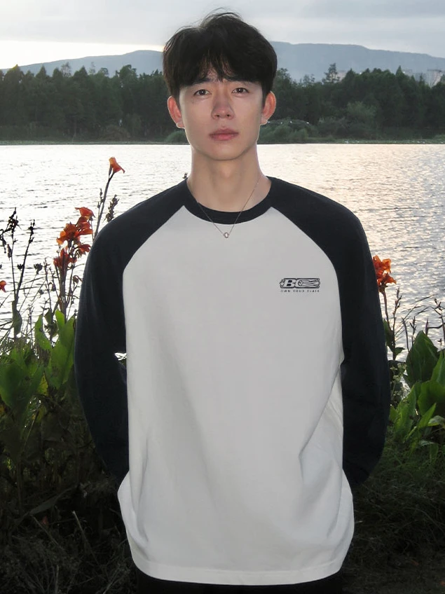 【重磅纯棉】秋冬新款男运动时尚休闲宽松潮流高街圆领拼接长袖T恤