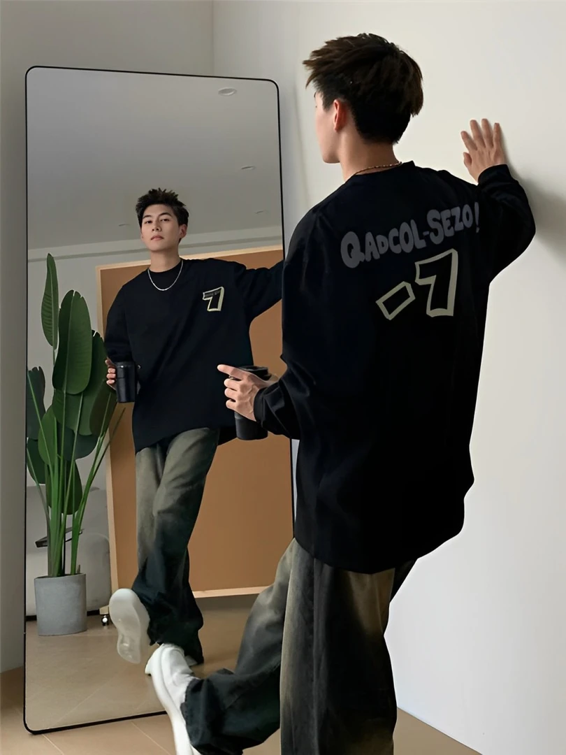 【重磅纯棉】春秋新款圆领宽松休闲百搭潮流大码美式印花男长袖T恤