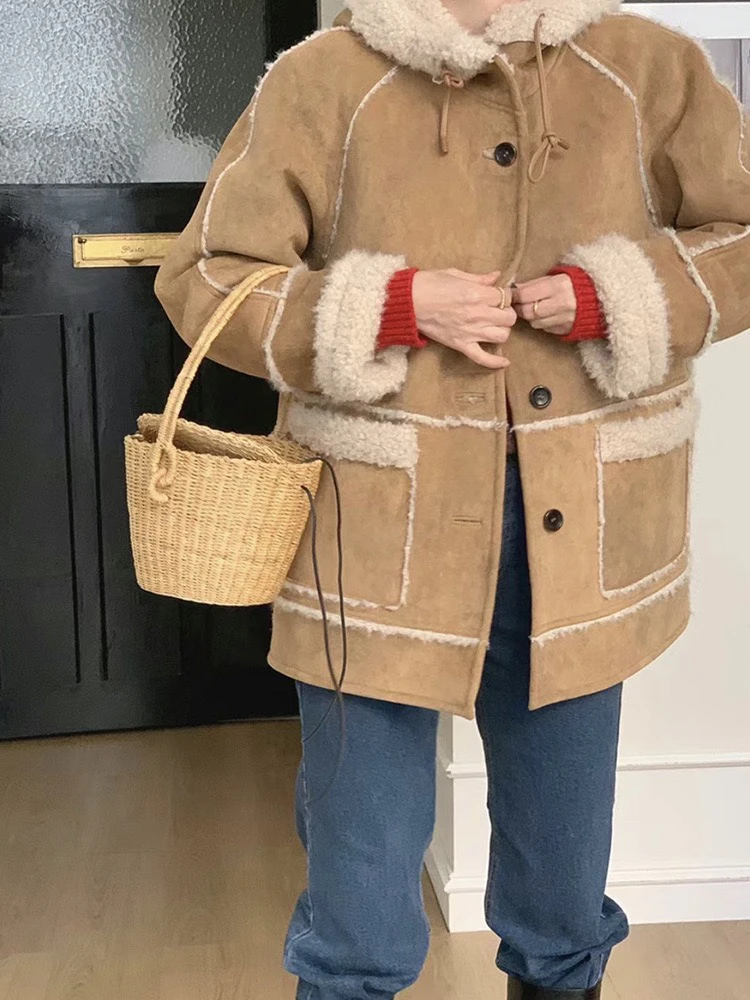 人造皮草 韩国be athe羊羔毛连帽毛毛外套