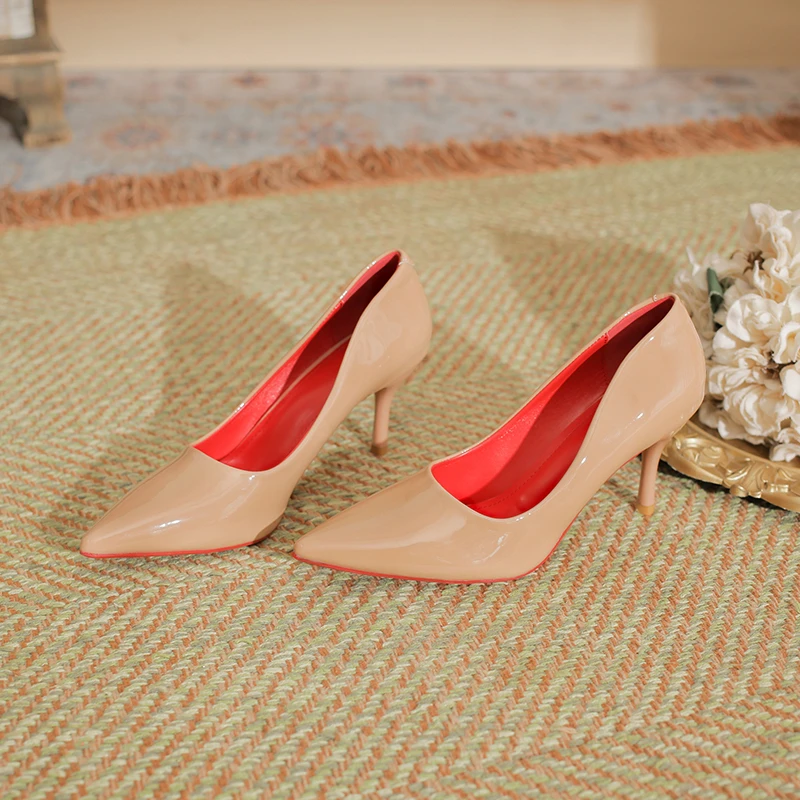 黑色高跟鞋女细跟2024新款法式红底漆皮性感职业工作礼仪尖头单鞋