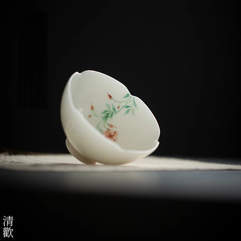 冰种陶瓷景德镇纯手工手绘花口茶杯主人杯单杯家用品茗杯功夫茶具