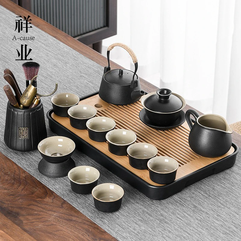 祥业黑陶功夫茶具套装家用日式茶杯小套办公室茶盘用品盖碗泡茶壶