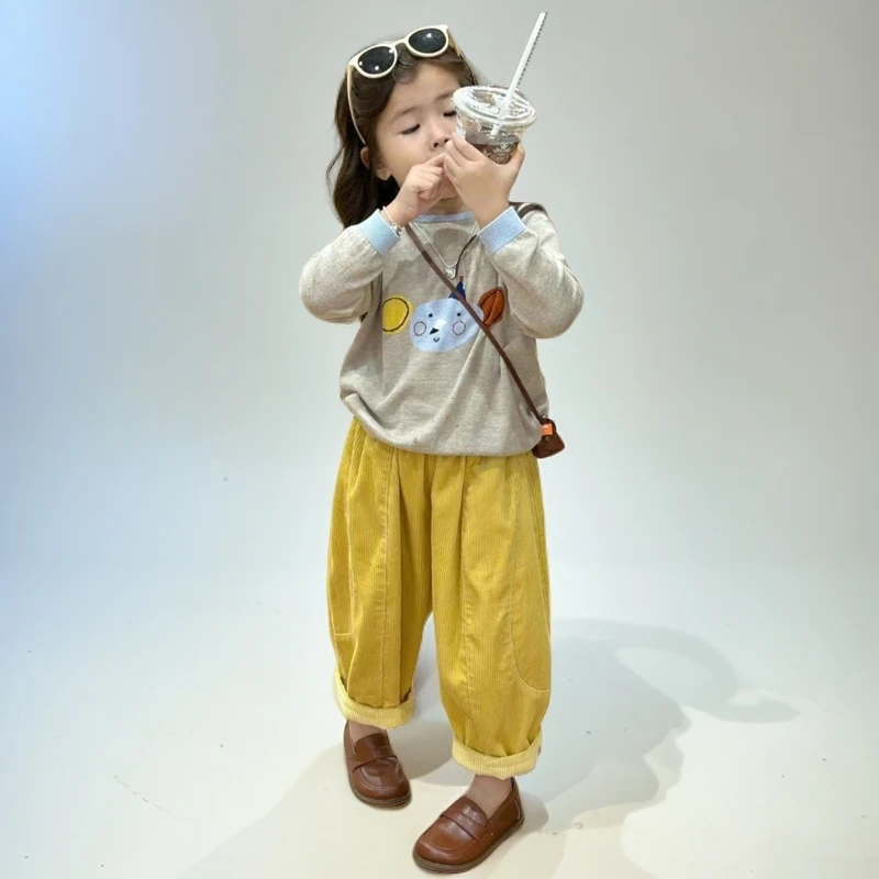 现货女童秋季个性活波休闲洋气长袖印花针织卫衣黄色简约童装店铺