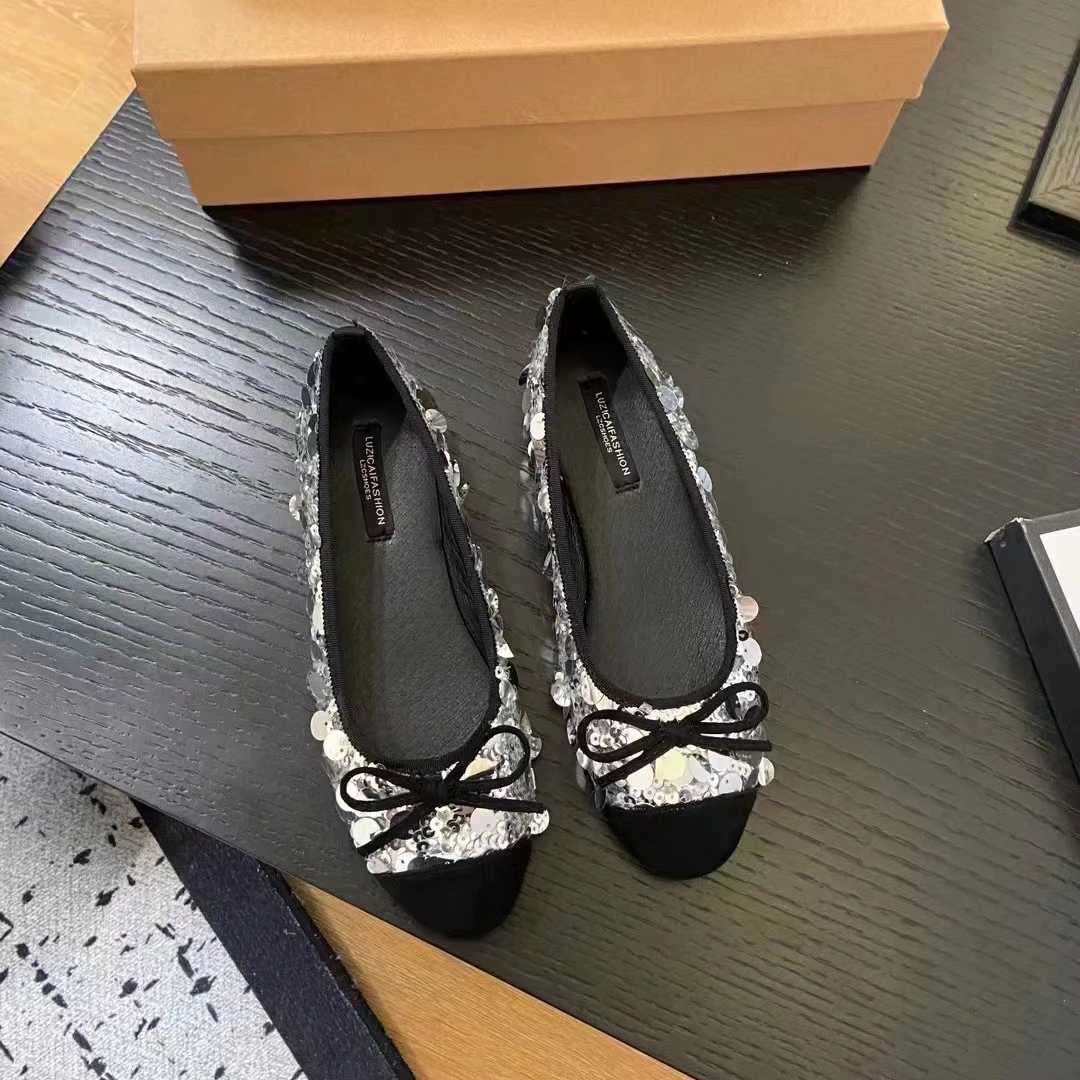 亮片拼接洋气蝴蝶结小单鞋