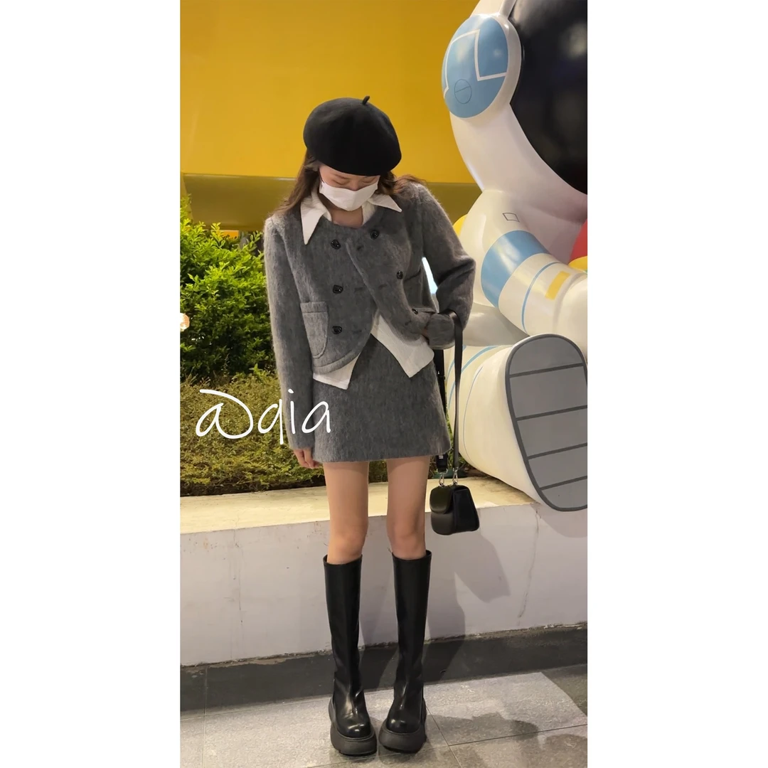 清仓  姜恰恰 —【玛奇朵】小香风复古毛呢外套+半裙套装