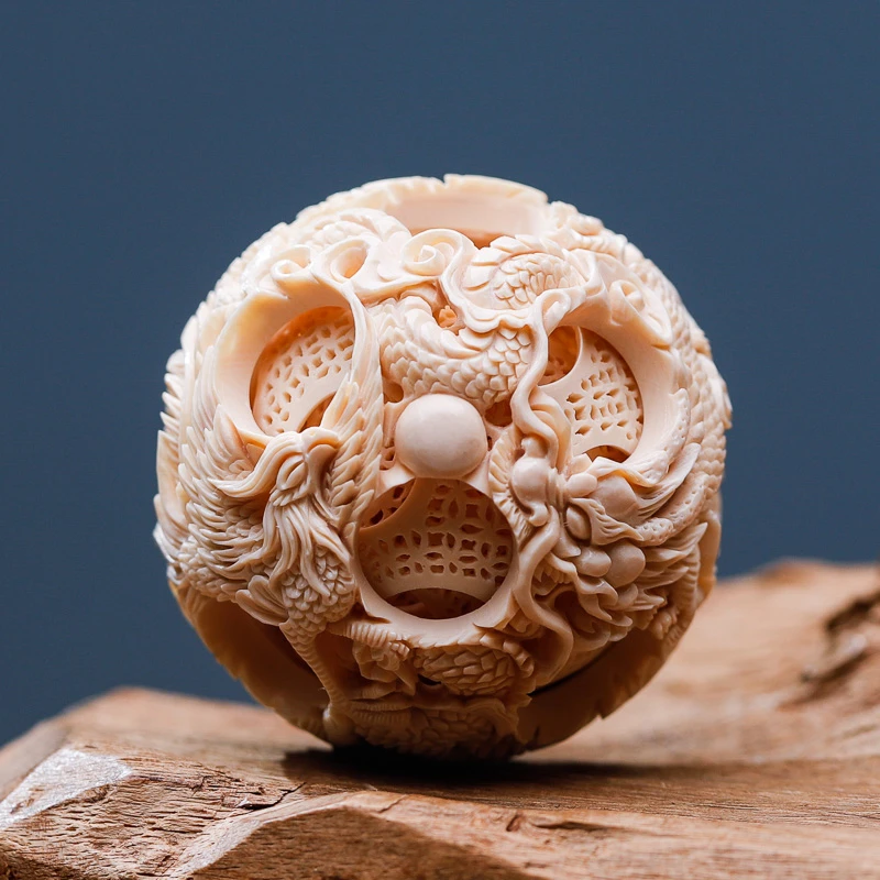 悟仰堂天然猛犸牙雕鬼工球非遗手工大师雕刻龙凤玲珑球摆件收藏