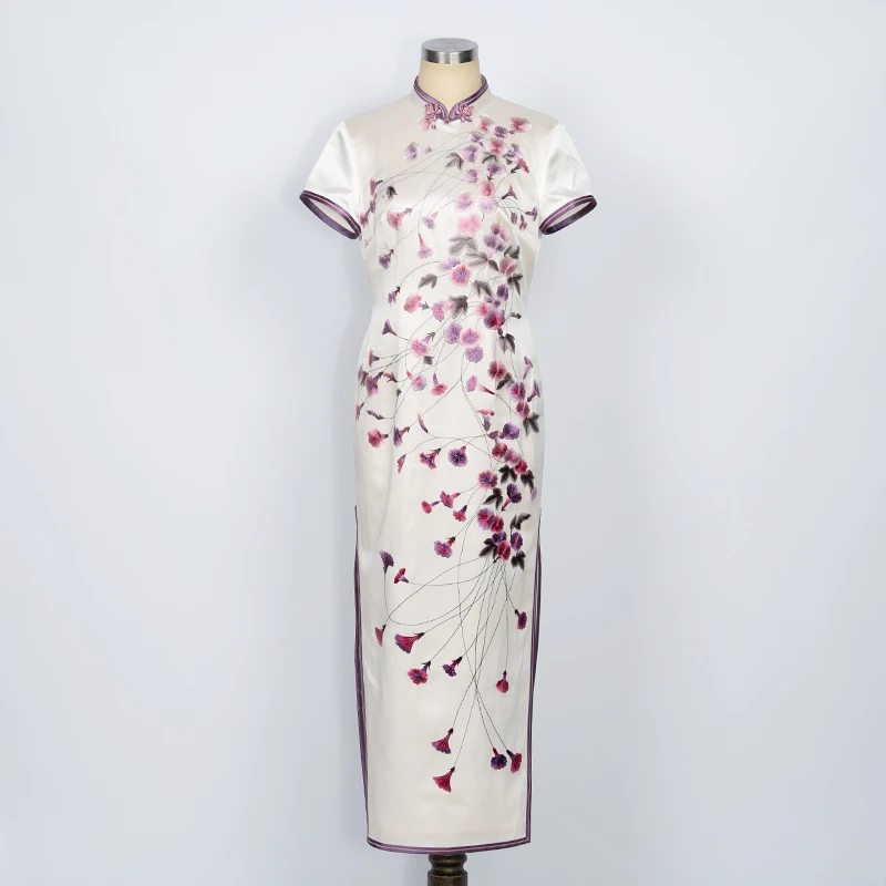 徐永良 喇叭花【量身定制】手工苏绣旗袍桑蚕丝气质长款