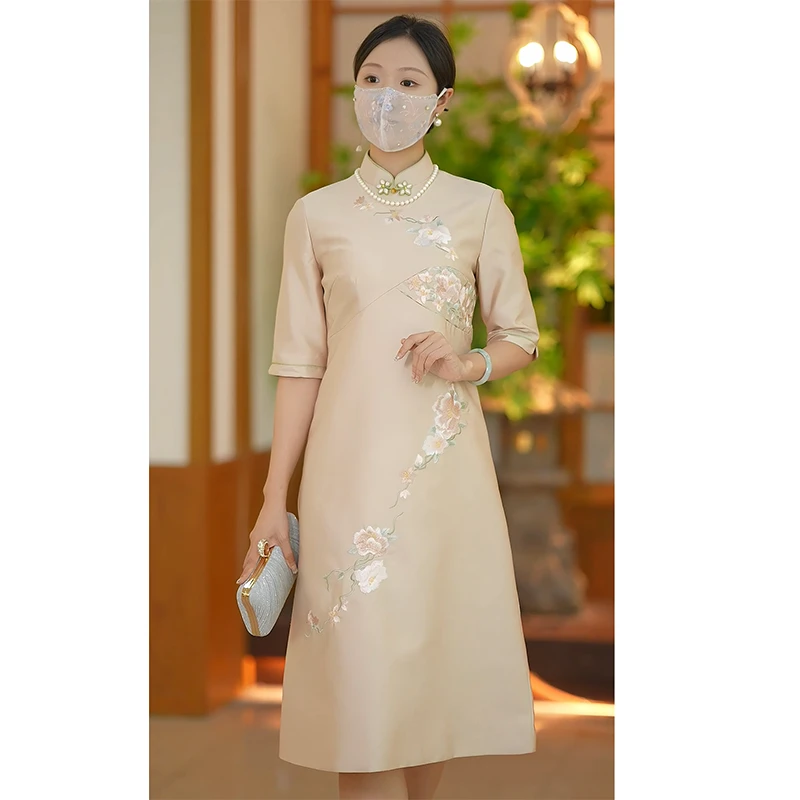 徐永良 56313 中国风旗袍丝毛高档刺绣气质复古宴会改良A版裙中袖