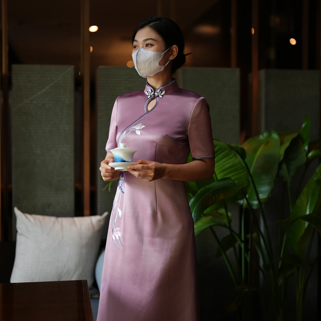 徐永良53684醋酸绣花旗袍时尚婚礼宴会玫红色复古国风改良A版裙