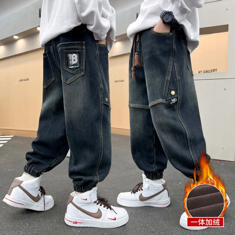 男童牛仔裤冬款2025春秋宽松一体绒加绒加厚洋气休闲中大童秋冬