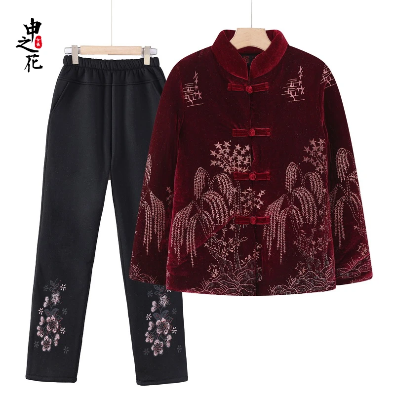 奶奶冬装外套加绒加厚棉衣套装中老年人妈妈冬季两件套中式衣服