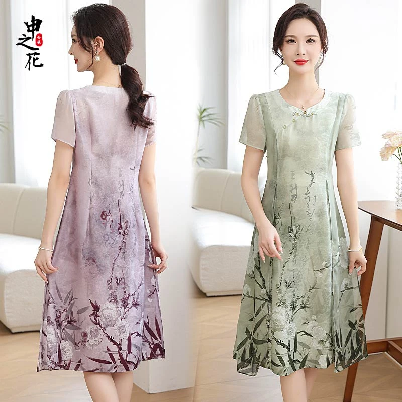 妈妈夏装国风雪纺连衣裙薄款2025款中老年女装宽松中长款长裙子