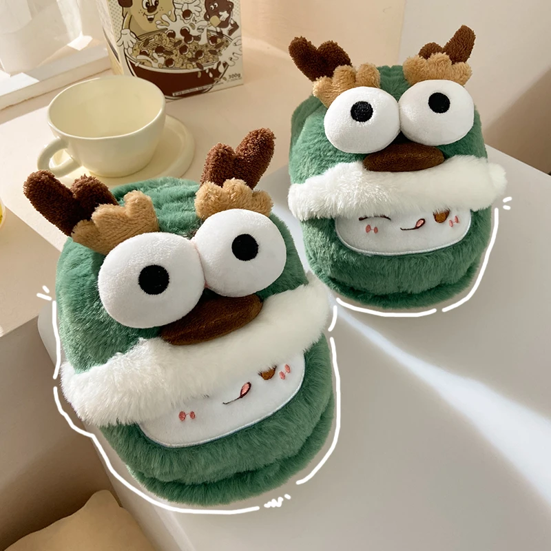 可爱圣诞麋鹿棉拖鞋女冬ins时尚居家室内地板拖防滑毛绒绒拖鞋冬