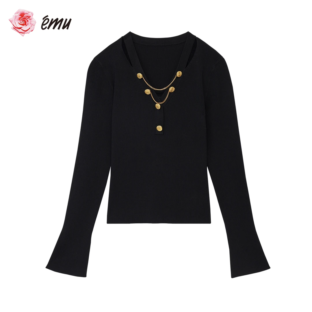 emu/依妙时尚气质百搭V领长袖金属链条纽扣修身针织套头上衣毛衣