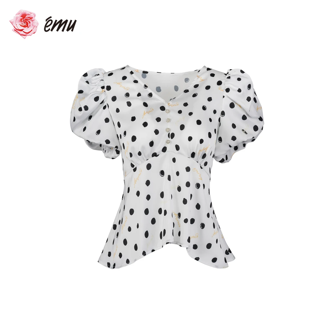 emu/依妙短袖时尚波点印花泡泡袖轻奢高端女装气质显瘦夏季上衣