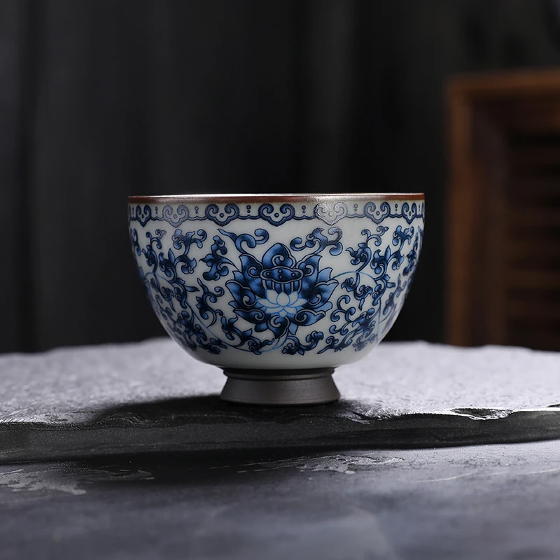 复古官窑陶瓷主人杯 缠枝莲纹路茶具茶杯