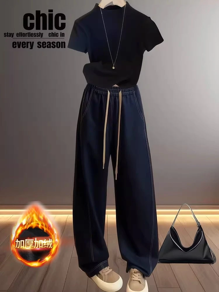 抽绳阔腿牛仔裤女秋冬新款加绒加厚拖地裤大码宽松显瘦弯刀香蕉裤