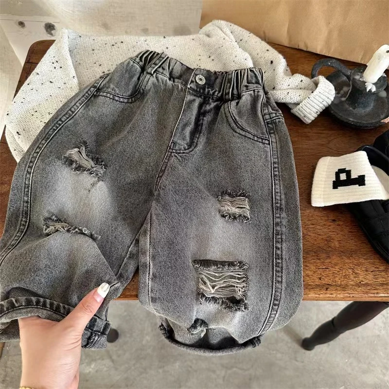儿童长裤2024秋季新款男女童韩版破洞牛仔裤宝宝百搭阔腿裤66133