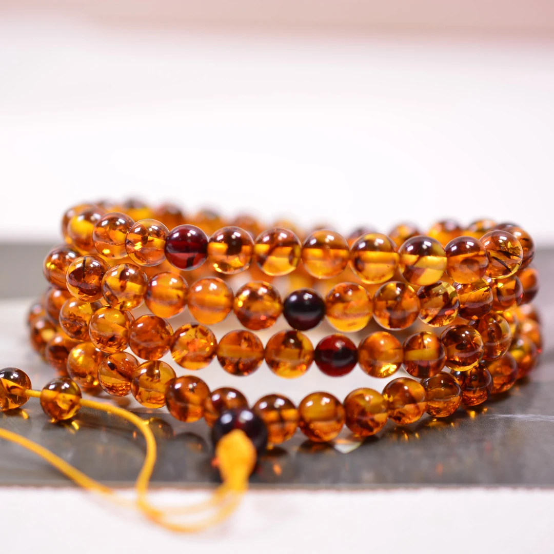 臻雅珠宝-花珀108 6+俄罗斯净水琥珀时尚轻奢复古念珠气质多圈