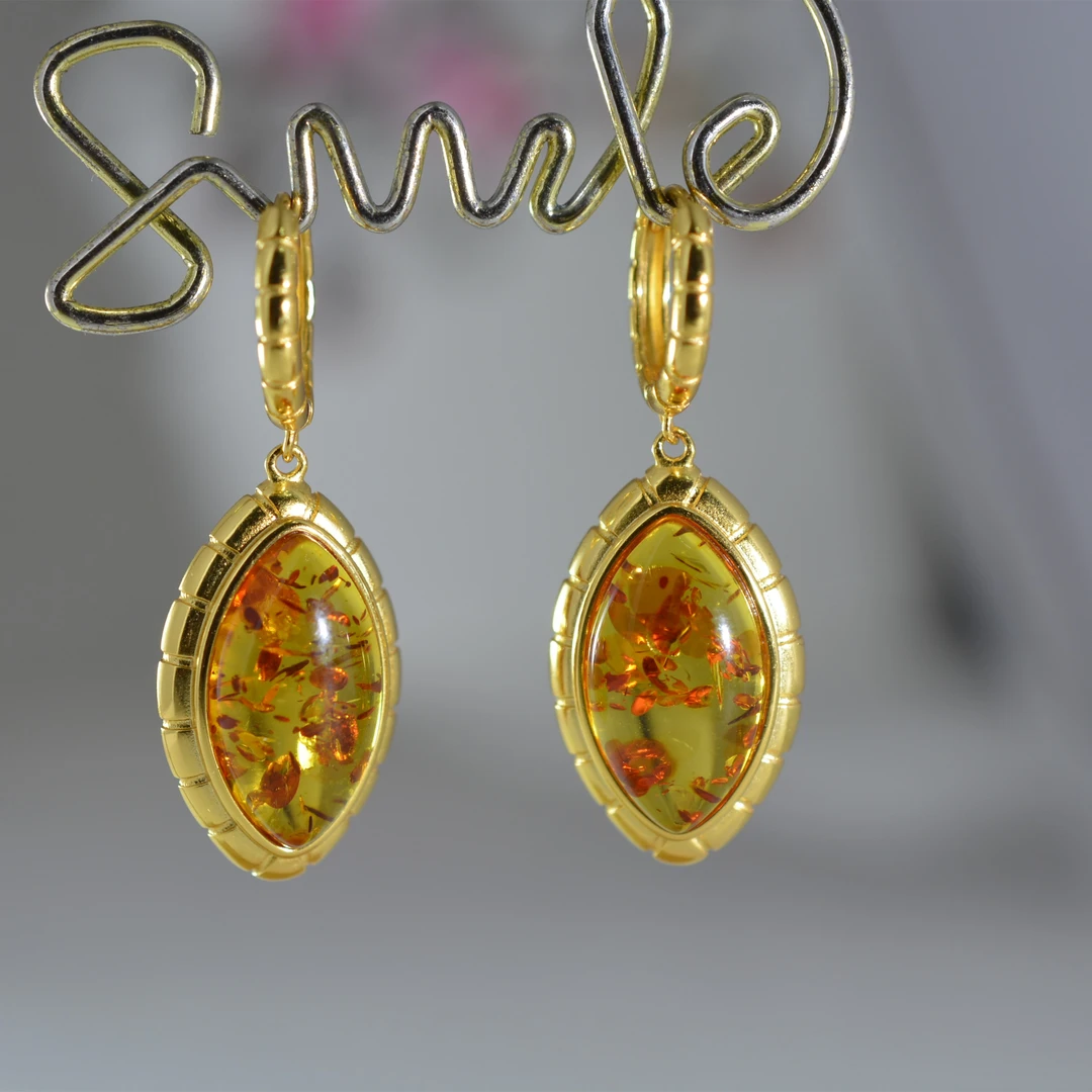 臻雅珠宝-花珀水滴耳坠俄罗斯花珀时尚经典轻奢复古设计款S925银