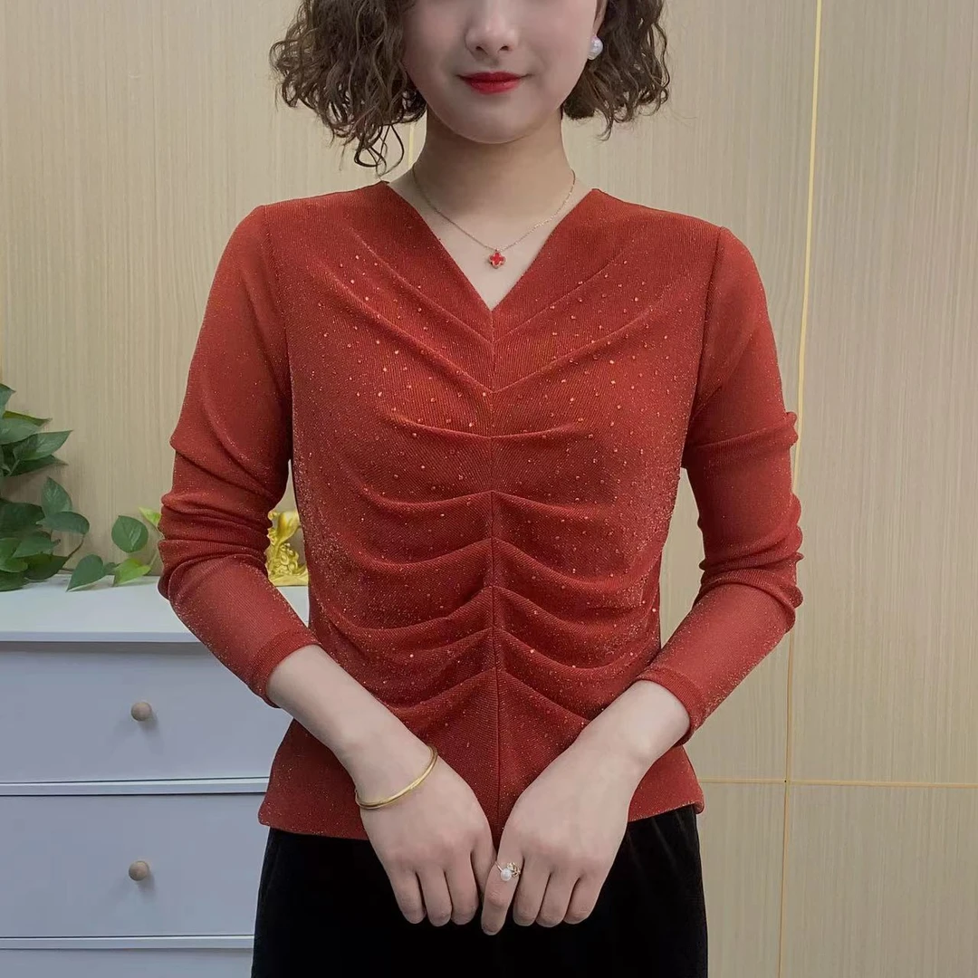 2025春季新款长袖V领时尚优雅气质褶皱烫钻显瘦百搭打底衫A009