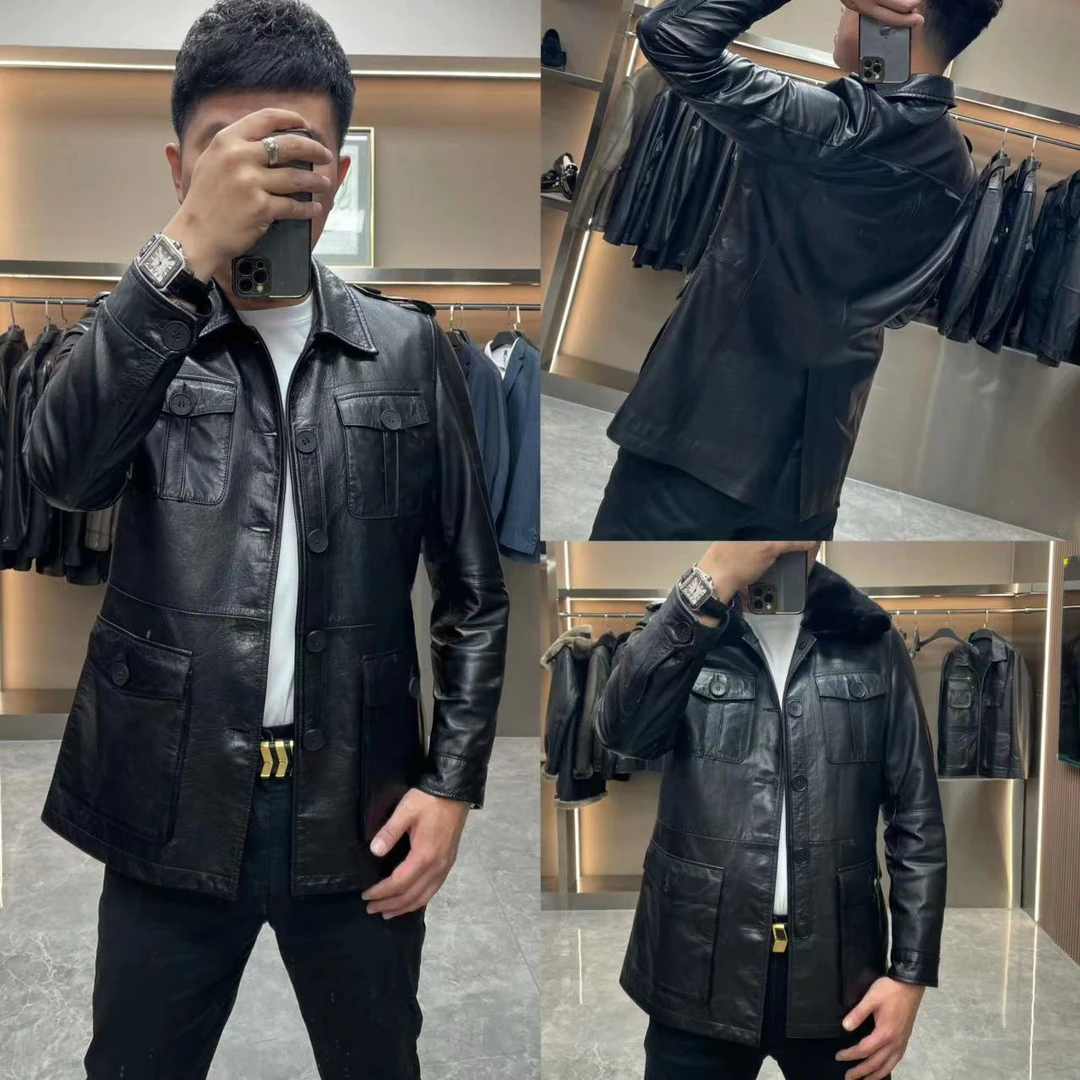 红雷同款赫本头层山羊皮油腊中长款列装男士修身高品质328春秋