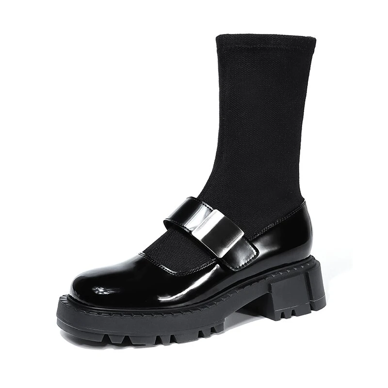 女士中筒靴 经典黑色开边珠牛皮 透气舒适织筒弹力英伦风时尚百搭