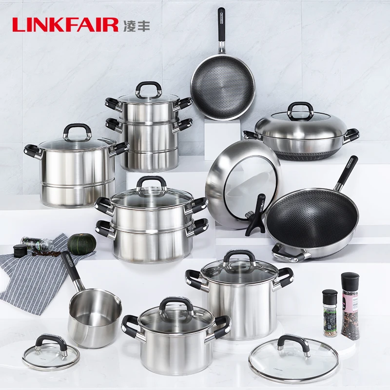LINKFAIR/凌丰欧福系列食品接触用304不锈钢锅具不粘炒菜锅烹饪