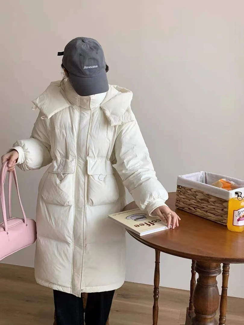 【锦鲤服饰】316长款白鸭绒半粒扣羽绒服连帽时尚外套白色