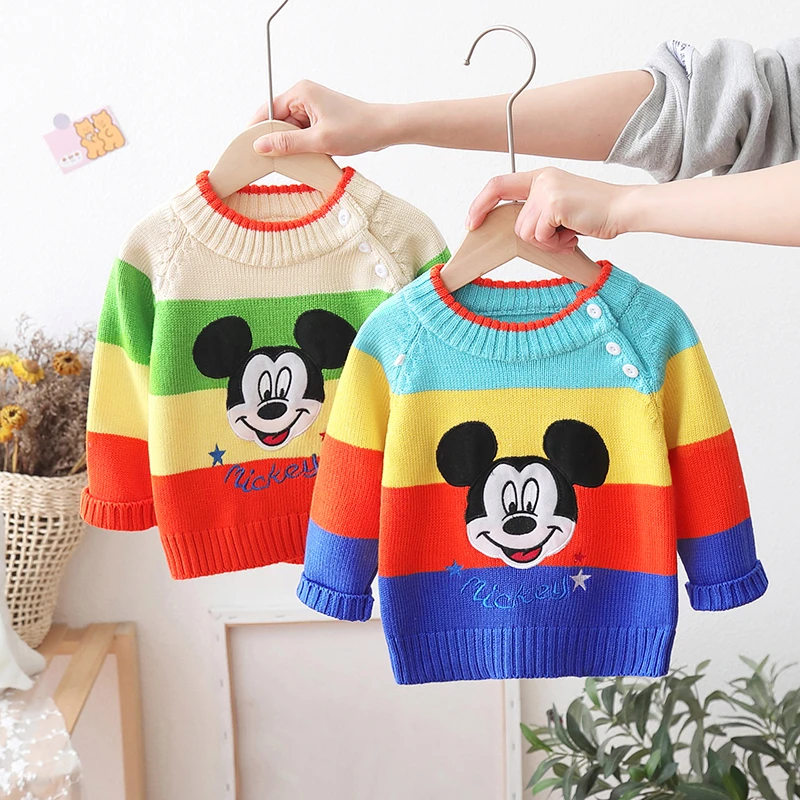儿童毛衣男童男孩卡通米奇小童装肩扣复古套头一岁婴儿宝宝针织衫