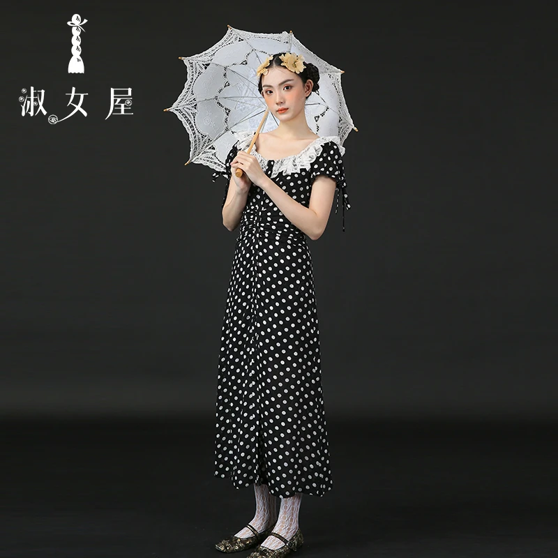 淑女屋官方旗舰店圆领修身长款优雅气质圆点蝴蝶结公主连衣裙夏新