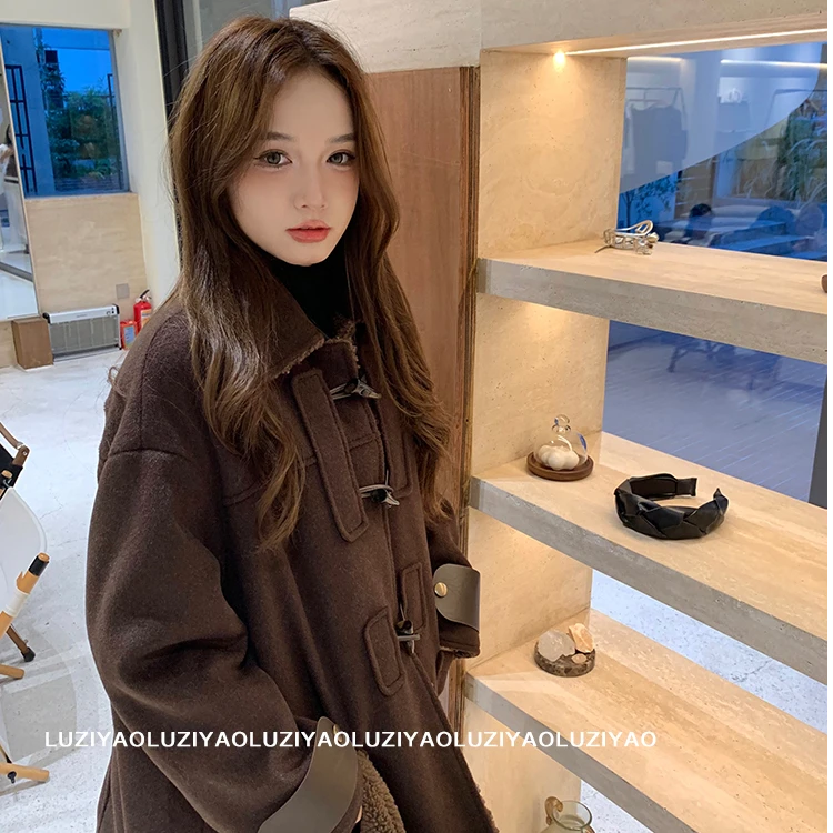 晚点 LATER lin娜lian同款可可棕两面穿牛角扣毛呢大衣厚外套