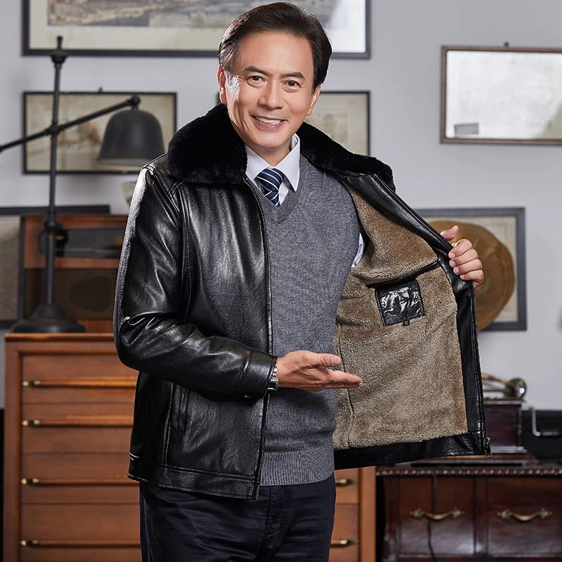 2024秋冬季新款男士加绒加厚保暖中老年休闲爸爸装皮毛一体皮夹克