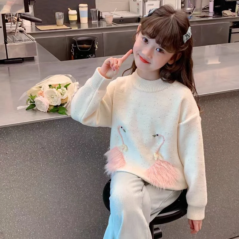 天鹅毛衣针织衫女童加厚毛衣洋气2025秋冬新款中儿童女宝圆领套头