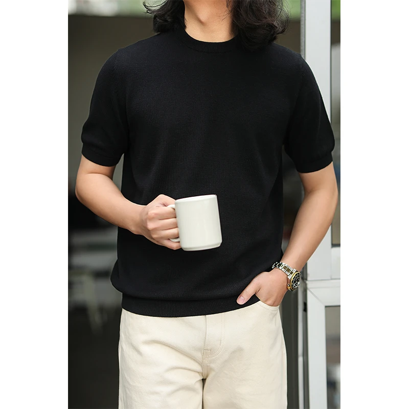 高端素色绅士精梳纯棉圆领针织衫MBBCAR窄幅美式复古透气短袖T恤