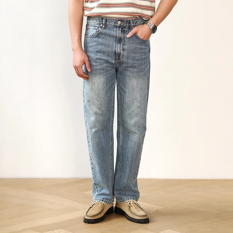 复古港风高端水洗赤耳丹宁直筒裤MBBCAR窄幅原创设计做旧牛仔裤男